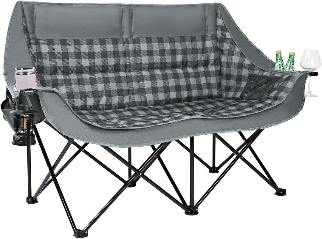 Double Camping Chair 2 Person Loveseat Oversized Padded Camping Couch Heavy Duty Portable Folding XL Camp Chair with Cup Holder Side Pocket for Outdoor Lawn Beach Sport Support 800LBS, Plaid