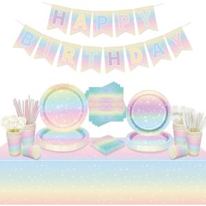 Pastel Rainbow Birthday Party Supplies, Includes Happy Birthday Banner, Tablecloth, Plates, Napkins, Cups, Knives, Forks, Spoons, Straws for Girls Birthday Party Decorations, Serves 20 Guests