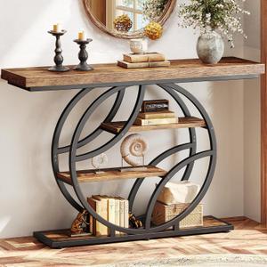 Huuger 47.2 Inch Entryway Table, Industrial Console Sofa Table with Storage, Accent Table with Shelves, for Entry, Hallway, Entrance, Foyer, O-Shaped Metal Frame, Rusitc Brown, 11.8"d X 47.2"w X 33.5"h