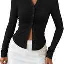 PRETTYGARDEN Womens Button Down Shirts V Neck Collared Ruched Slim Fit Long Sleeve Shirt Casual Spring Fashion Ladies Tops (Small, Black)