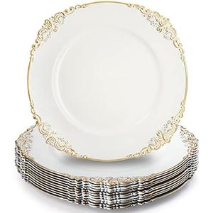 Okllen 12 Pack Plastic Round Charger Plates, 13" Dinner Charger Dessert Plates with Gold Rim, Vintage Charger Serving Plates for Catering, Wedding, Tabletop Decor, White, Floral Trim