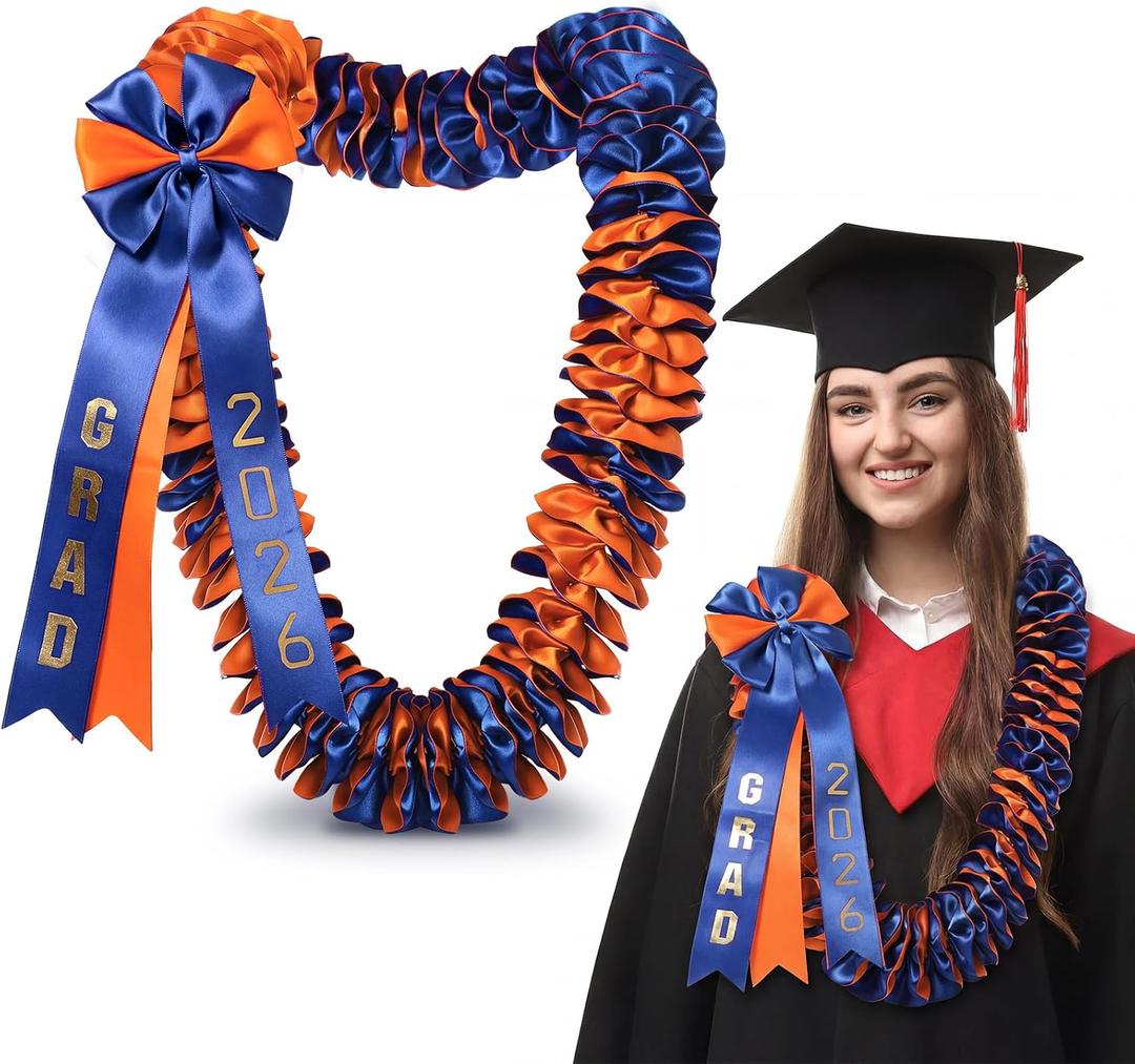 Suncalla 47.5 inch Graduation Leis Class of 2026 Grad Ribbon Leis Double Braided Necklace Hawaiian Flower Garland with Bow for Man Woman Graduation Party Supplies
