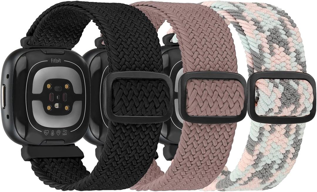 Braided Stretchy Solo Loop Bands Compatible With Fitbit Versa 3/Versa 4/Sense 2/Sense for Women Men Nylon Elastic Straps Wristbands for Fitbit Versa 3/4(3 Pack) (Black+Smoke Purple+Coral)