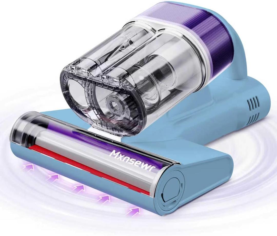 Mxnsewr Mattress Vacuum Cleaner, Ultrasonic Bed Vacuum Cleaner with 18Kpa Strong Suction, 150F Heat & 253.7nm UV-C Light, Intelligent Dual Cup, One-Click Dust Removal for Bed, Sofa, Pet Hair, Blue