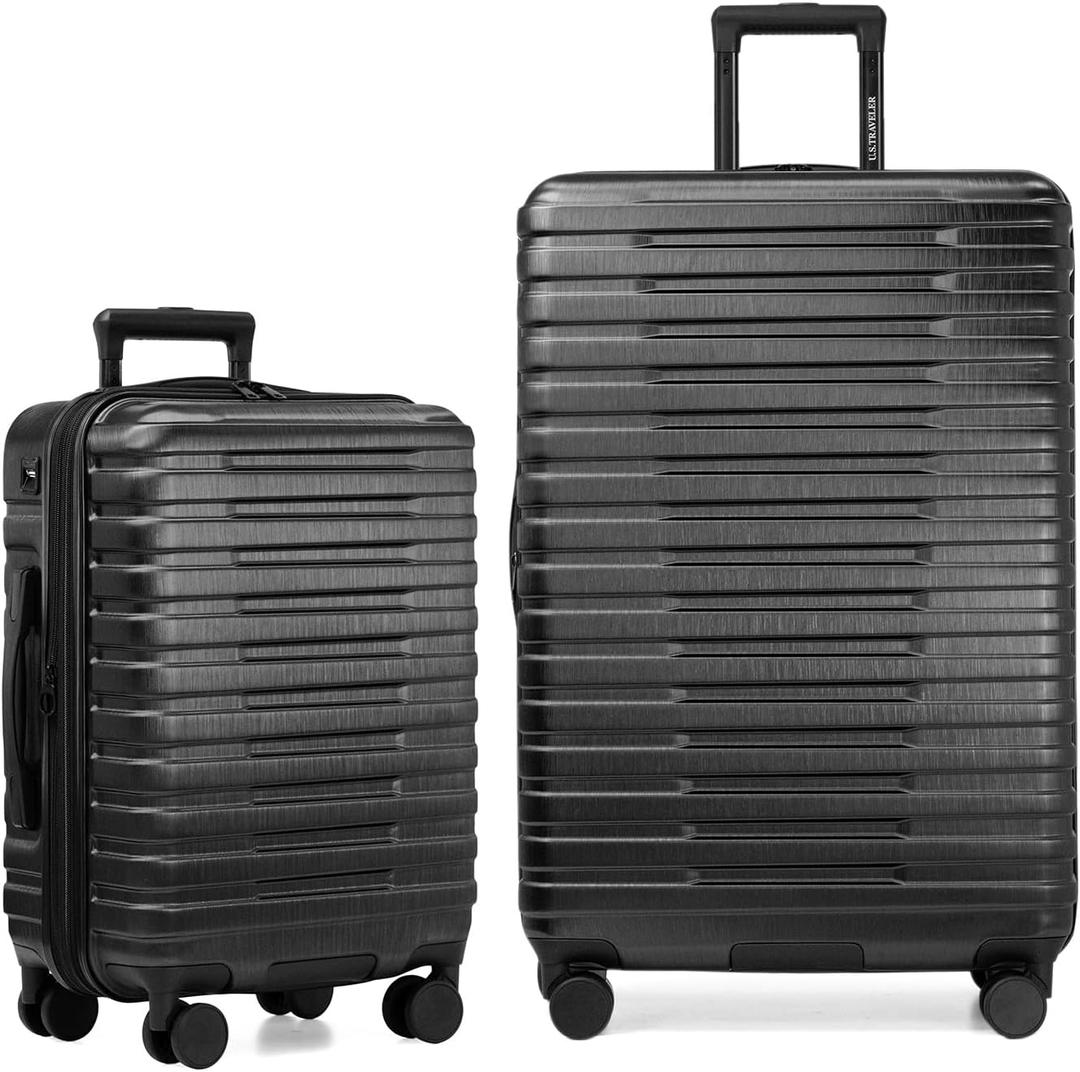 U.S. Traveler Boren Expandable Hardside Rugged Travel Luggage with 8 Spinner Wheels, Black, 2-Piece Set, 2-Piece Set, USB Port in Carry-On