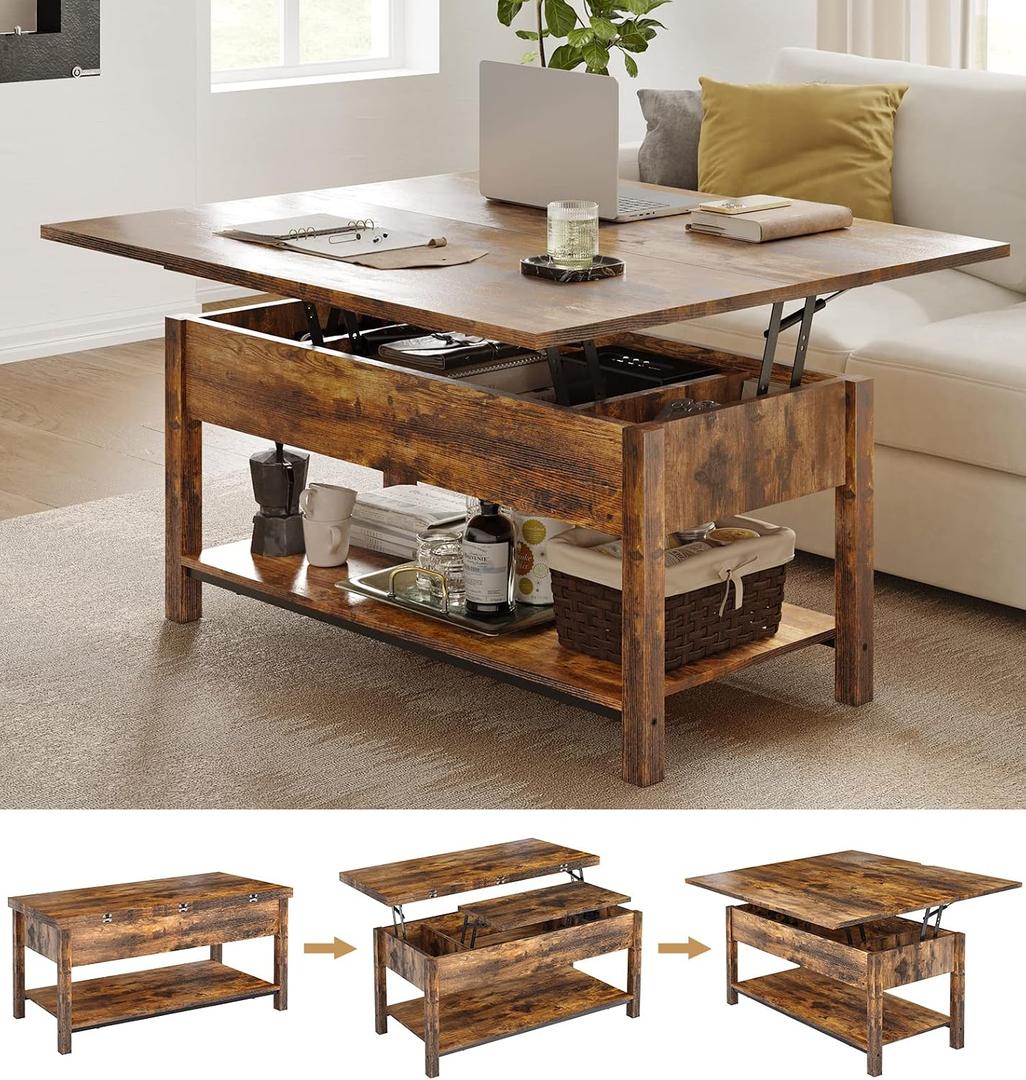 FABATO Lift Top 4-in-1 Multi-Function Convertible Coffee Table With Storage, Converts to Dining Table for Living Room, Reception Room, Office - Rustic Brown