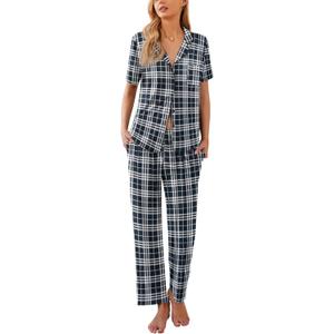 Ekouaer Women Pajamas Set Button Down Sleepwear Short Sleeve Nightwear with Long Pants Soft Pjs Set (B_black Plaid) Small