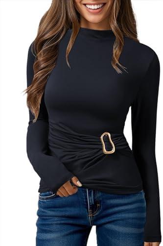 Pink Queen Women's Chic Top Long Sleeve Mock Neck Shirts Metal Ring Decor Ruched Slim Fit Tee M