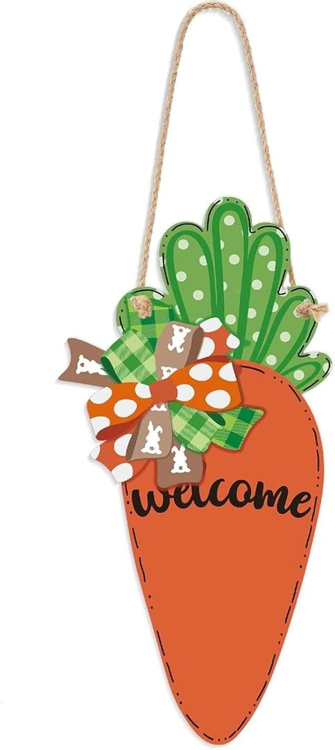 Jetec Happy Easter Wooden Hanging Sign Carrot Spring Welcome Door Sign Hanging Plaque Rustic Wall Signs Yard Indoor Outdoor Garden Decoration with Rope for Easter Decor, 13.4 x 6.7 Inch