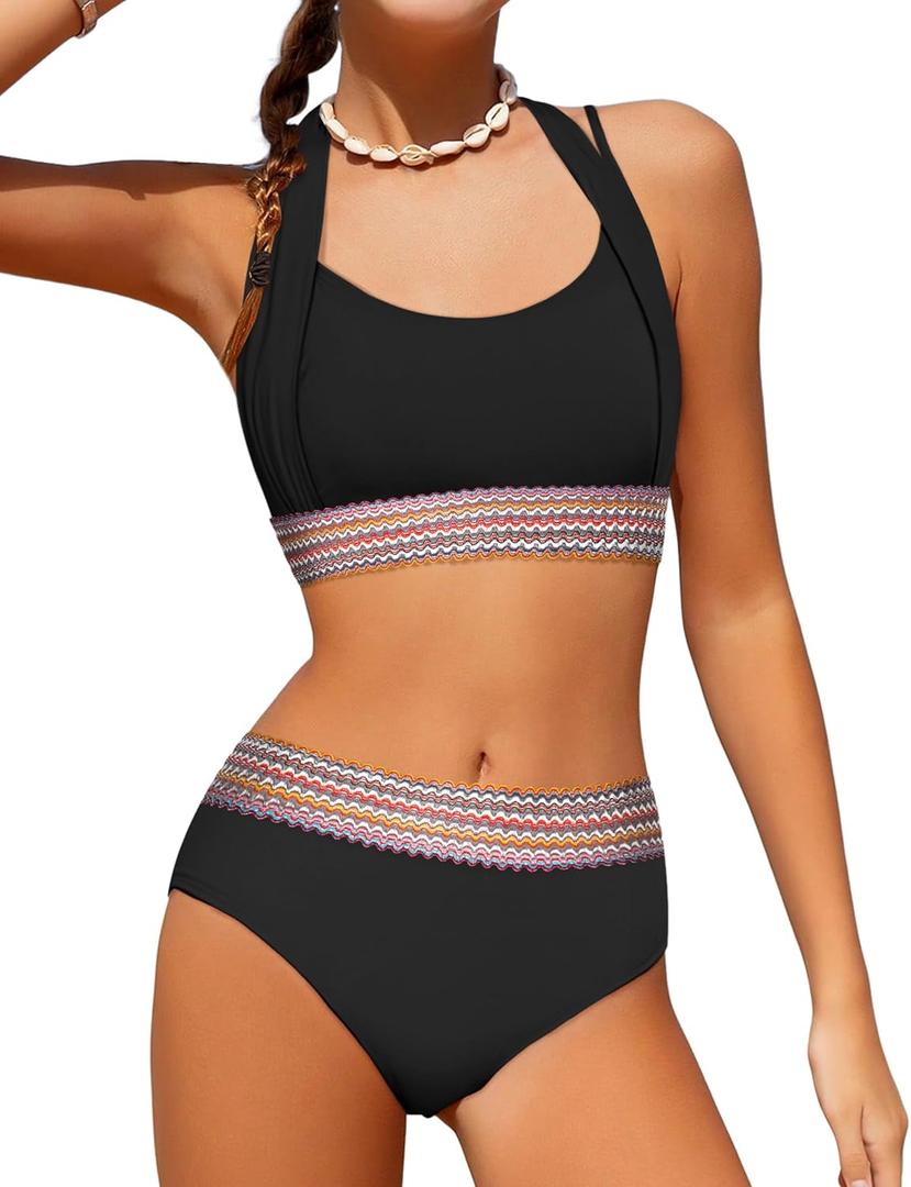 HOTOME Girls Swimsuits Size 10-12 Two Piece Color Block Halterneck Bikini Sets with Adjustable Straps Trendy High Waist Swimsuit for Girls 10-12
