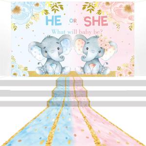 2 Pcs Cartoon Elephants Photo Background Blue and Pink Runway Carpet Gender Reveal Decor Supplies What Will Baby Be Polyester He or She Photography Background Birthday Party Banner