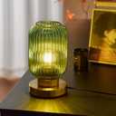 Bedside Table Lamp with Green Glass Shade, Small Nightlight Lamp Elegant Glass Nightstand Lamps Modern Desk Light with Plug-in Style for Bedroom Living Room Tabletop Dia5.9"x H9.8"