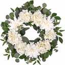 24" Spring Summer Front Door Wreath, Life-Like Artificial White Dahlia Hydrangea Wreath for Wedding Valentine's Day Mother's Day Memorial Day