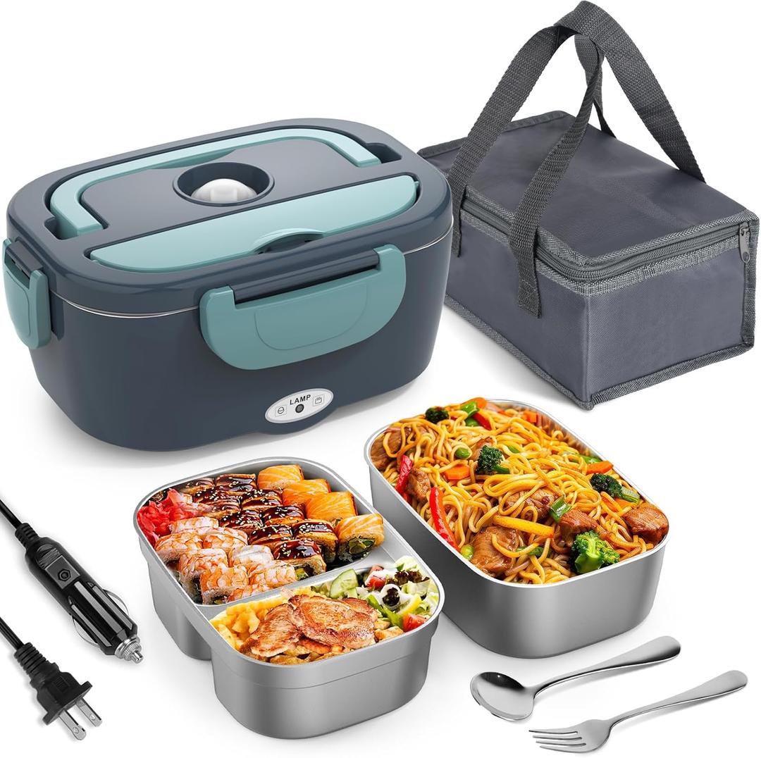 Electric Lunch Box Food Heater, 3 in 1 Ultra Quick Heated Lunch Boxes for Adults, 12V/24V/110V Portable Food Warmer for Car/Truck/Office With Fork Spoon and Insulated Carry Bag (Gray 2 SS Containers)