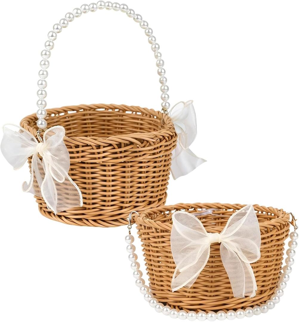 Flower Girl Basket Set of 2 - Small Wicker Rattan Baskets with Pearl Handle & Bow for Rustic Weddings, Easter Basket, or Garden Storage