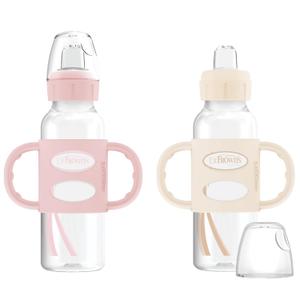 Dr. Brown's Milestones Narrow Sippy Spout Bottle with 100% Silicone, Easy-Grip Handles and Soft Sippy Spout, 8oz/250mL, Light Pink and Ecru, 2-Pack, 6m+