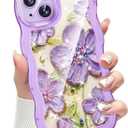 Compatible with iPhone 15 Case for Women, Cute Curly Wave Frame with Bling Glitter Butterfly Pattern, Full Camera Protection, Slim TPU Aesthetic Clear Phone Case for iPhone 15, Purple Flower