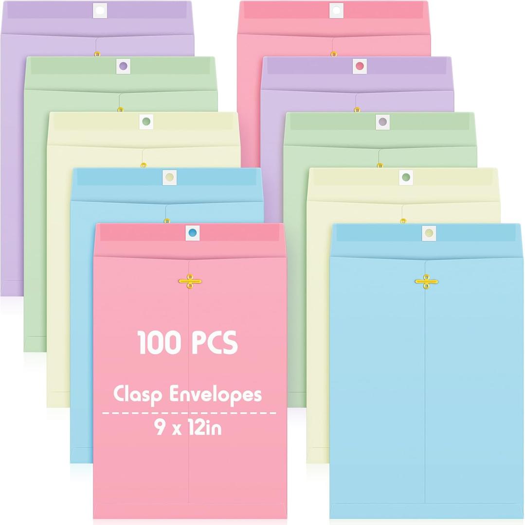 Geyee 100 Pcs Clasp Manilla Envelopes 9 x 12 Inch Gummed Colored Envelopes for Storing or Mailing for Home Office Business Supplies(Pastel Color)