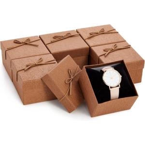 Juvale Bracelet Gift Box 6-Pack - 3.5 x 3.5 x 2.3 in, Brown Country-Rustic Cardboard - Velvet Pillow & Faux Leather Bow Lid - Tiny Jewelry Gift Boxes & Watch Packaging