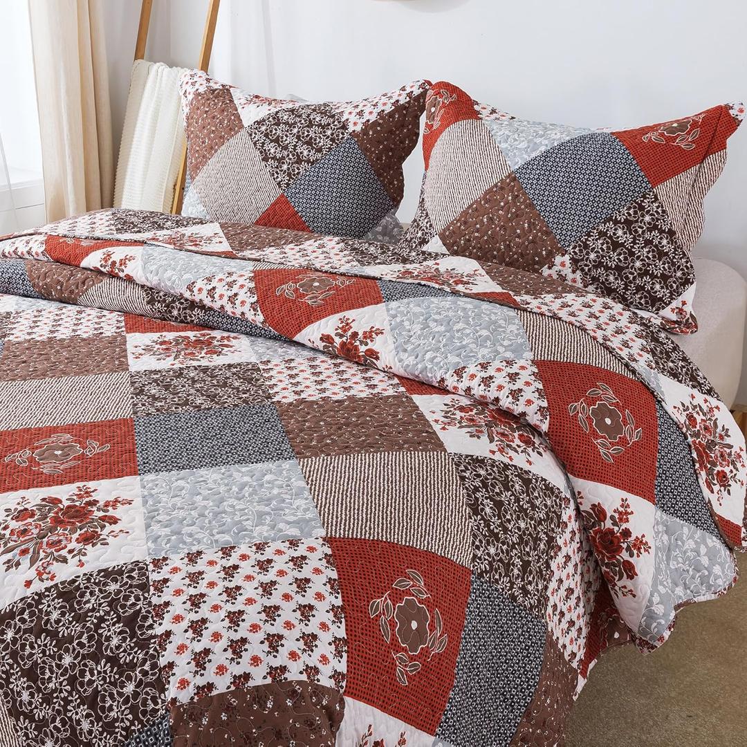 HoneiLife Quilt Set King Size - 3 Piece Microfiber Bedspread Reversible Coverlet Patchwork Bedding Set Lightweight Bedcover Floral Bedspreads All Season Quilts-Amaranth Red (King-106" x 96")