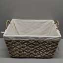 Rectangular woven storage basket with side handles and removable fabric liner. Natural beige and white design, sturdy and lightweight, perfect for organizing shelves, closet, bathroom, or laundry.Size:14" x 12" x9.5 in