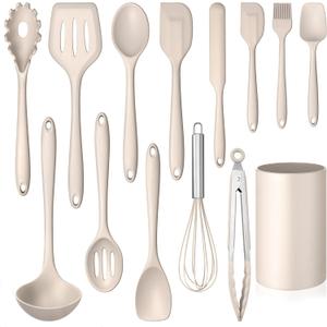 LIANYU 14 Pcs Kitchen Utensils Set with Holder, Silicone Cooking Utensils Spatula Set, Heat Resistant Cookware Tools Includes Spoon Turner Whisk Tong, Dishwasher Safe, Khaki