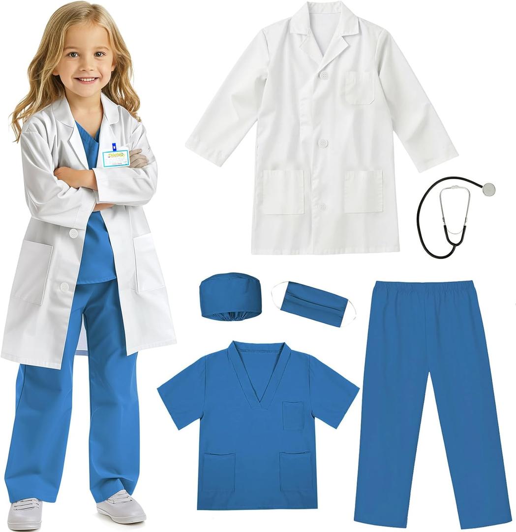 RioRand Doctor Costume for Kids With Stethoscope Lab Coat Career Day Costume Halloween Dress Up For Boys Girls (Blue)  M-120/4-5Y, Blue