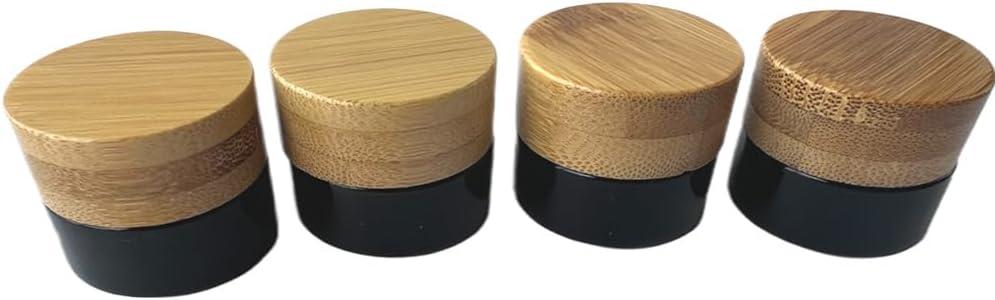 Empty Refillable Glass Cosmetic Jar 4 Pack 5g/0.17oz with Bamboo Lids,Skin Care Travel Containers Pot Vial Holder Sample Storage for Eye Cream Lotion Ointments Lip Balm Brown