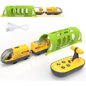 Battery Operated Train for Wooden Track, Electric Train Set Includes Remote Control Locomotive Train & Train Tunnel, Motorized Train Toy for Toddlers Compatible with Thomas, Brio, Chuggington