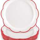 NatNarr 30 Pcs Red and White Paper Plates, 9 Inch White Plates with Red Trim Scalloped Paper Plate Disposable for Mother's Day, Baby Shower, Wedding, Bridal Shower, Birthday