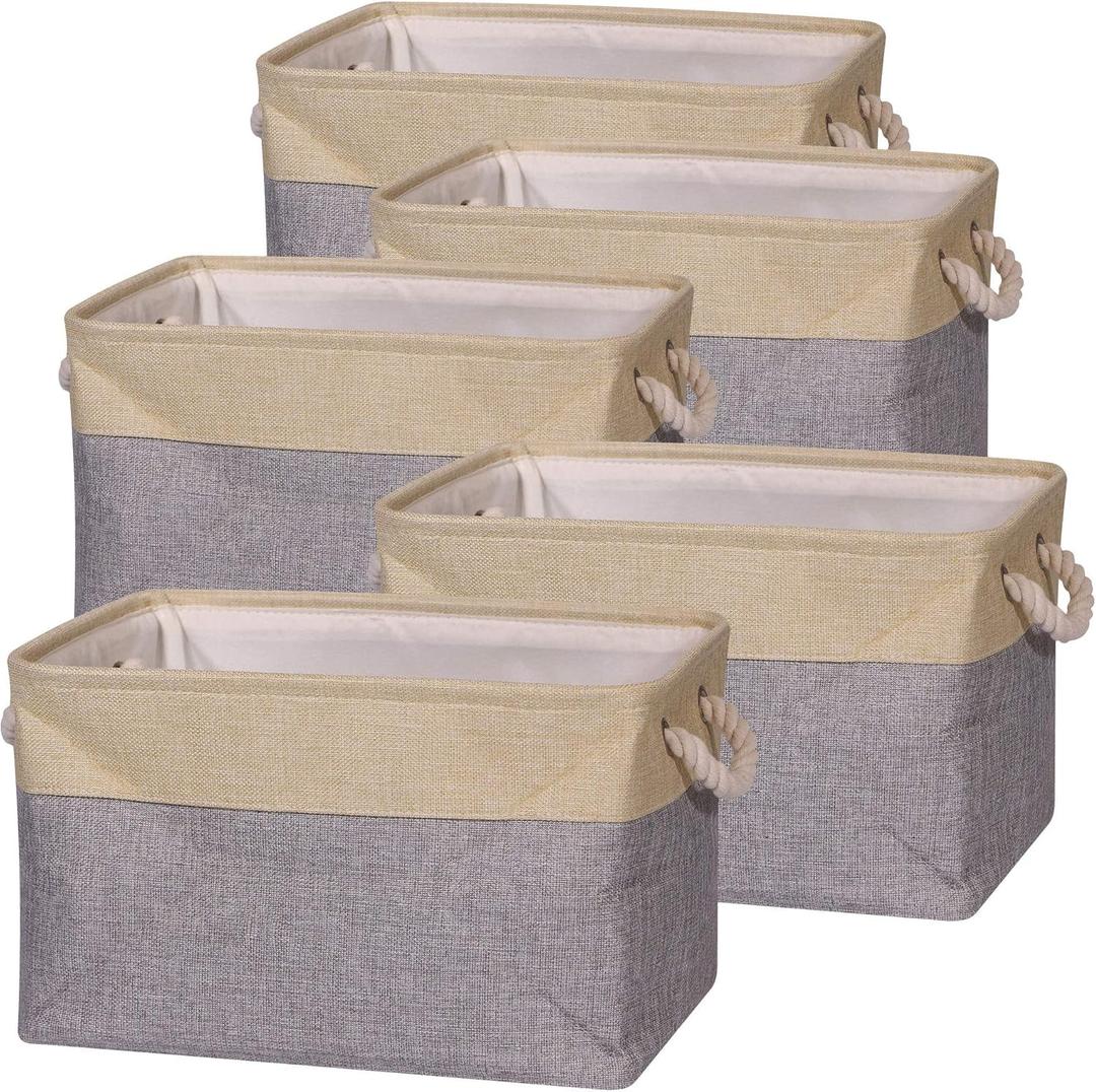TENABORT 5 Pack Large Storage Basket Bin Foldable Storage Cube Box Canvas Fabric Collapsible Organizer with Handles for Closet Home Office Clothes Shelf Nursery, Grey Beige