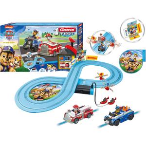 Carrera First PAW Patrol - On The Track Slot Car Race Track - Includes 2 Cars: Chase and Marshall - Battery-Powered Beginner Racing Set for Kids Ages 3 Years and Up