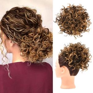 HOOJIH Curly Hair Bun, Messy Bun Hair Piece Elastic Drawstring Large Full Extension Hairpiece Short Synthetic Ponytail Extension for Women - Chocolate Brown with Golden Highlights