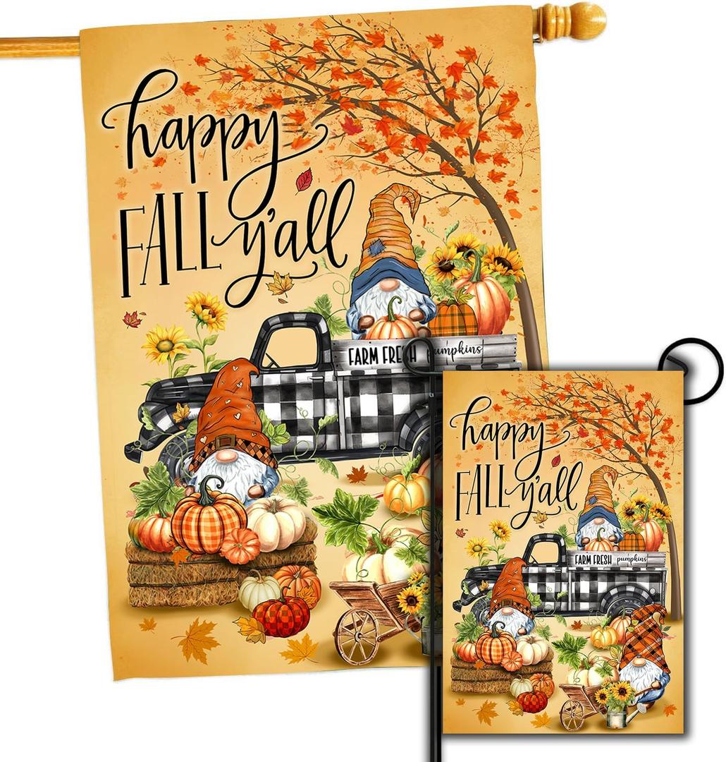 Hello Fall Gnomes Thanksgiving Pumpkin Autumn Holiday Yard & Garden Flag Set - 2 House Flags (28 x 40) & 2 Garden Flags (12x18) Double Sided