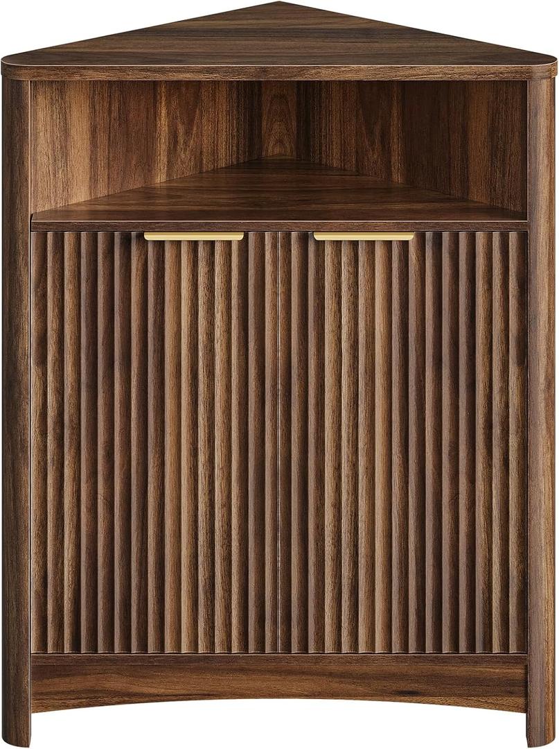 Corner Cabinet, Corner Storage with Fluted Panels and Adjustable Shelf, Modern Floor Cabinets for Small Spaces, Bathroom, Living Room, Kitchen, Walnut MCW23HT