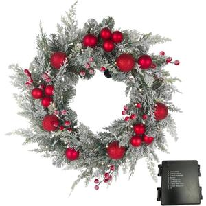 24-Inch Christmas Wreath with Classic red Baubles, Snow Flock, 50 Color-Changing LED Lights, Timer, Battery Operated, Indoor Outdoor Holiday Decor