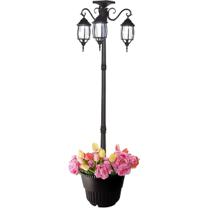Westcharm Portable 3-Head LED Solar Light Planter for Backyard Patio Porch Outdoor Decoration - 6.7 ft. (80 in.) Black Solar Street Lamp with Planter