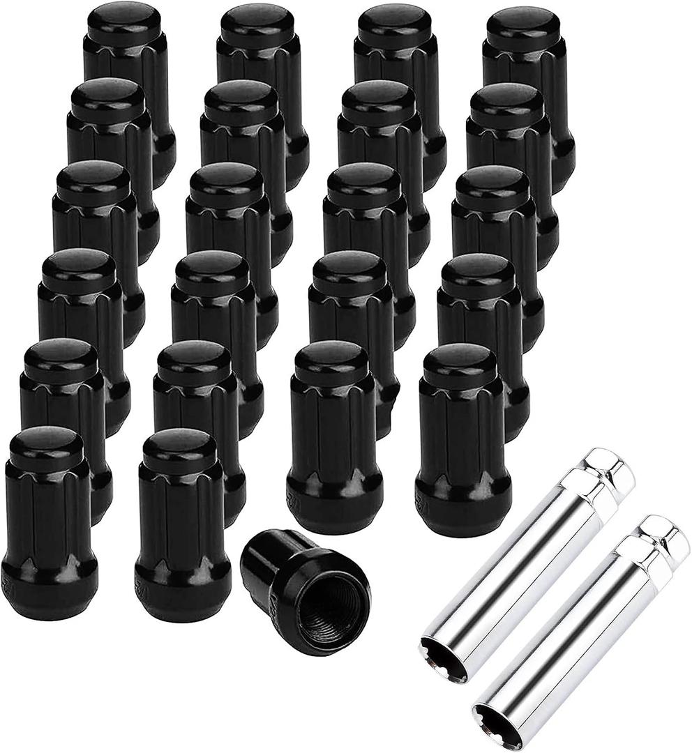 NPAUTO Wheel Lug Nuts 1/2'' x20 Thread, Conical Bulge Seat, Closed End Bulge Acorn Spline 1.38" Tall 3/4" Hex Fit for Wrangler, Ford Explorer F-150 Mustang, Impala, Dodge Dakota (Pack of 23+2, Black)