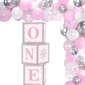 Onederland 1st Birthday Girl Decoration - Pink Winter Birthday Boxes, Blocks, Balloon Garland for Baby Girl Snowflake Theme Baby Shower Supplies