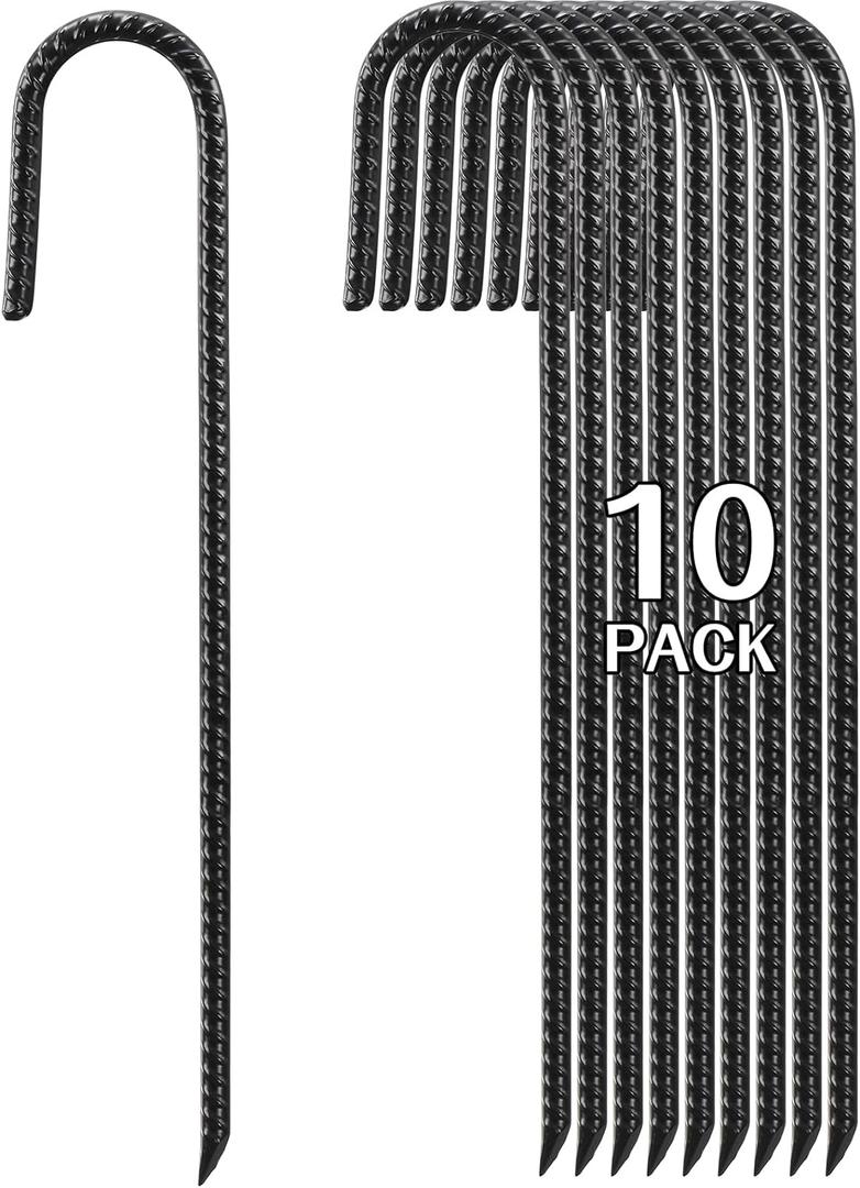 16 Inch Rebar Stakes Heavy Duty, 10 Pack J-Shaped Tent Stakes, Ground Anchor Stakes for Landscaping Plants Fabric Tube Fence, Black