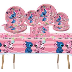 41PCS Pink Stitch Party Set 20 Plates, 20 Napkins & 1 Tablecover. Perfect for Stitch-themed birthdays! Features cute pink Stitch prints, durable plates, and easy cleanup. Ideal for kids parties!