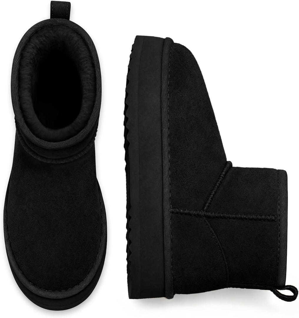 Litfun Suede Platform Mini Boots for Women Genuine Leather Fuzzy Ankle Winter Snow Boots with Fur Lined (9.5-10, Black)