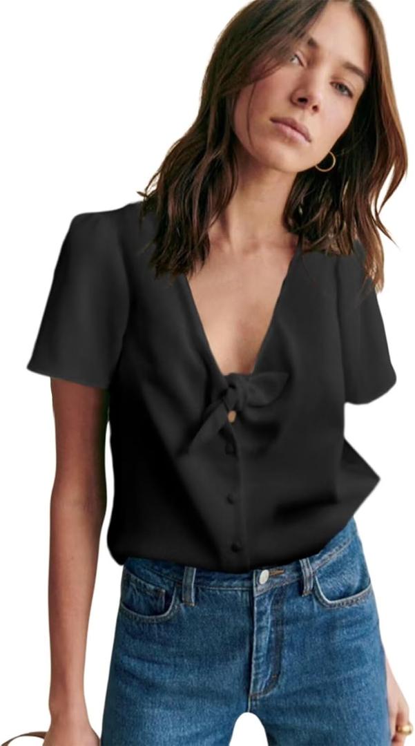 Allimy Womens Summer Tops Tie Front V Neck Short Sleeve Chiffon Blouses for Women Dressy Casual (Black, M)