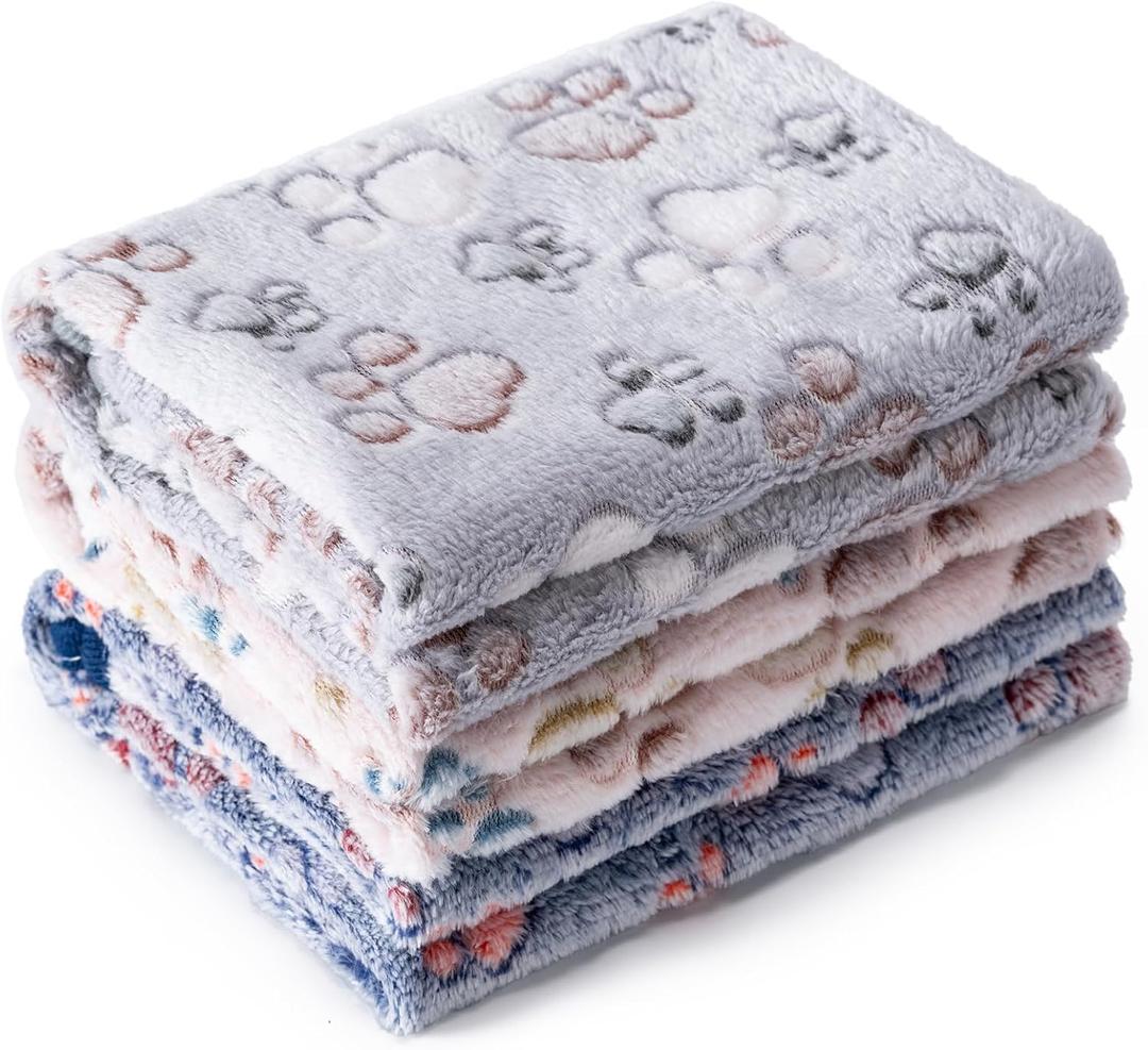 1 Pack 3 Blankets Super Soft Fluffy Premium Fleece Pet Blanket Flannel Paw Printed Throw for Dog Puppy Cat (Medium 30x20'', Beige, Grey, Navy)
