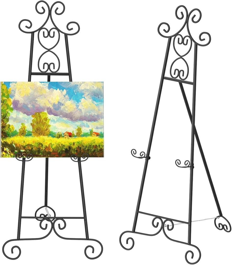 Easel Stand for Sign, Black Vintage Decorative Adjustable Floor Metal Display Easel with Chain Support for Wedding Signs, Art, Posters, Pictures, Welcome Signs, Suitable for Home, Parties, Galleries