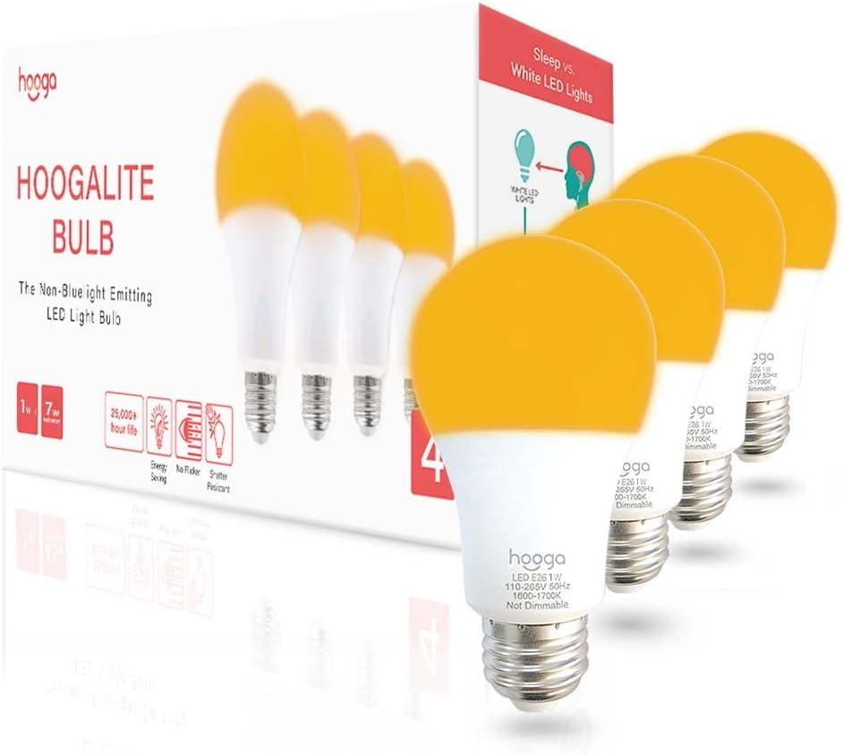 hooga Sleep Light Bulb, Amber Light Bulbs for Sleep Therapy, Blue Light Blocking, 1600K Dim Light Bulbs 7W Equivalent, Mood Soothing Light, E26 A19 Warm Light Bulbs for Bedroom, Nursery, 4 Pack.