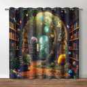 Jekeno Vintage Bookshelf Blackout Curtains Books Bookcase Mysterious Tree Flowers Planet Starry Sky Decor for Bedroom Study Classroom Living Room Darkening Grommet Window Drapes 2 Panel Set, 42"x63"