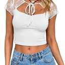 CSDAJIO Women's Cutout Keyhole Front Cropped Tee Lace Short Sleeve Sexy Top Ruched See Through Fitted T Shirt White Medium