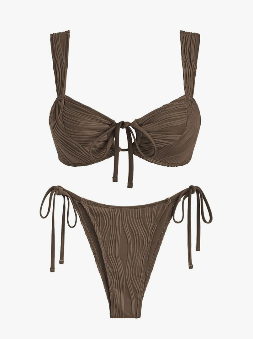 ZAFUL Women's Cinched Bikini Solid Color Wave Textured Knotted Tied Side Two Piece Swimsuit Bathing Suits, Size M