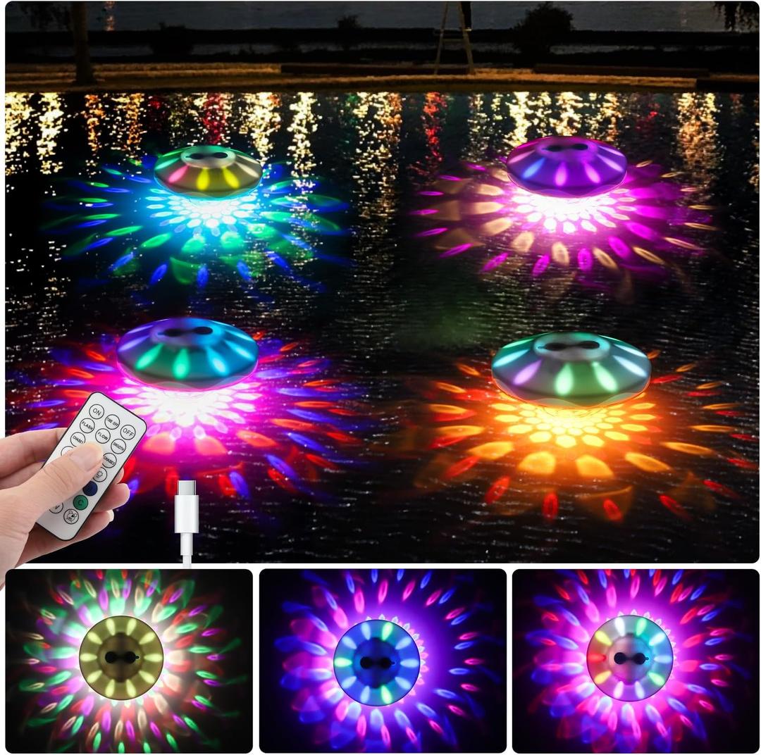 QOLNBY Floating Pool Lights(4 Pack), Pool Light with 6 Dynamic Lighting Effects, IP68 Waterproof Pool Lights that Float, Rechargeable RGB Upper and Lower Color Changing Lights for Hot Tub, Patio